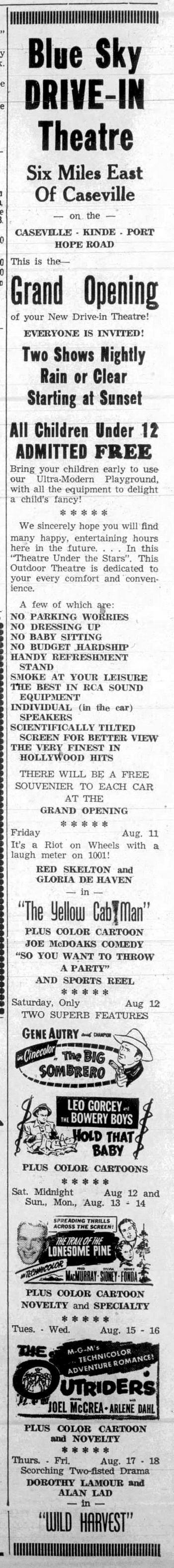 aug 1950 opening ad Blue Sky Drive-In Theatre, Caseville